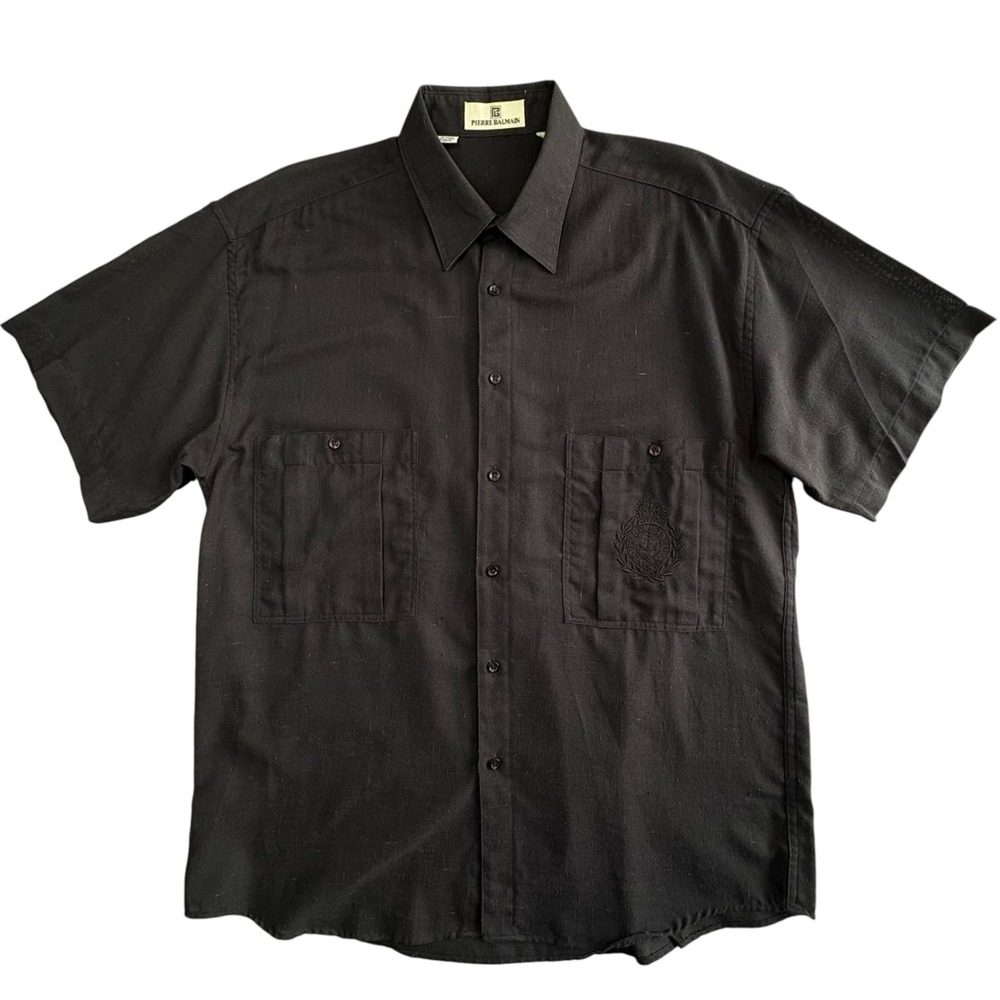 Vintage 1970s Pierre Balmain Short Sleeve Shirt Mens L Black Crest Pleat Pockets